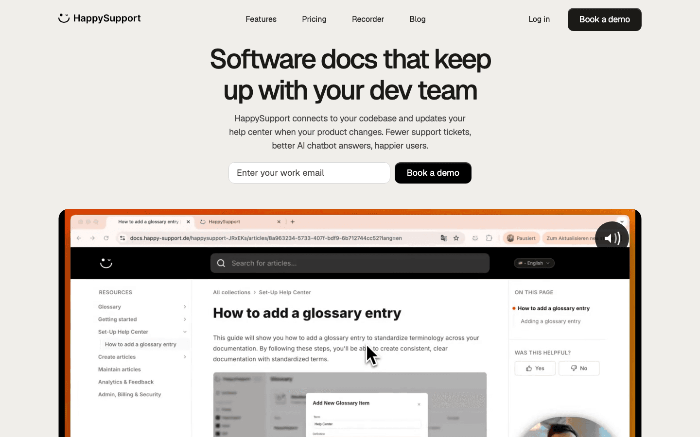 HappySupport homepage showing self-updating help center for SaaS teams