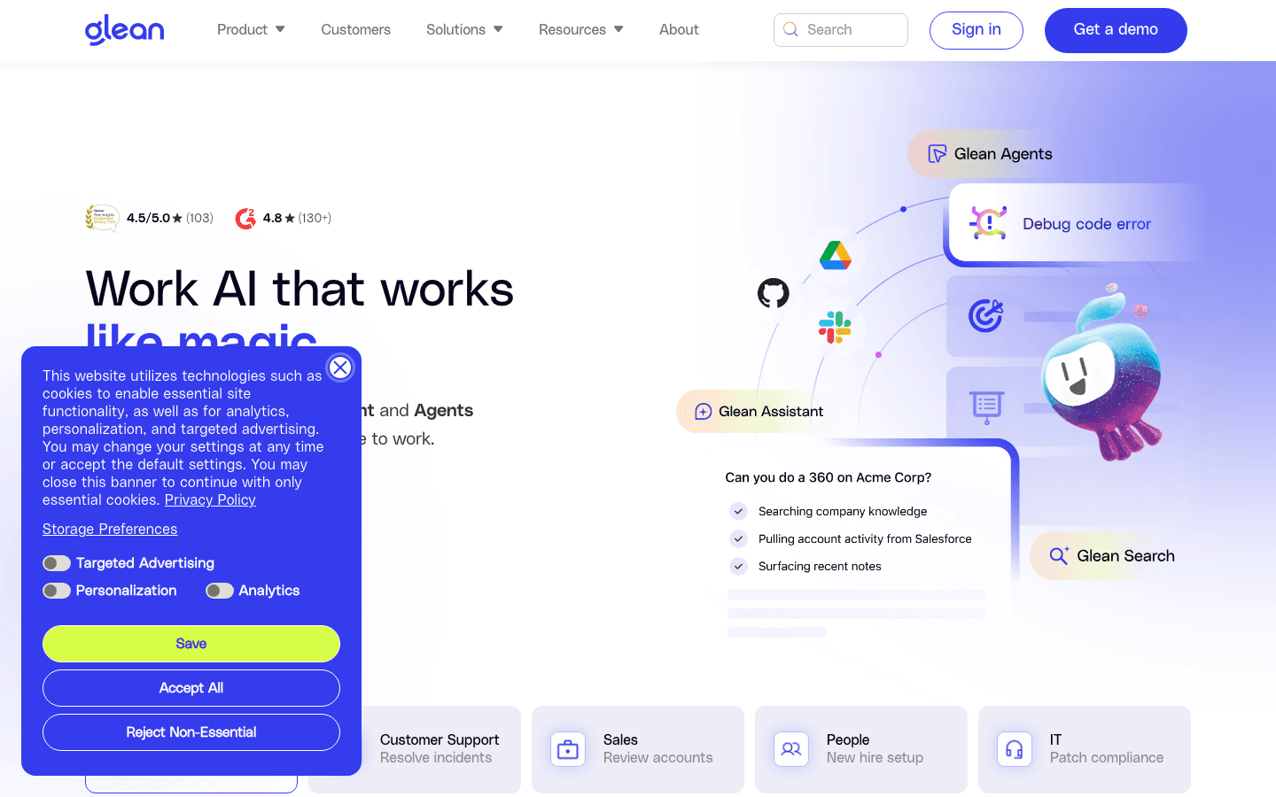 Glean homepage showing Work AI enterprise search platform with connectors