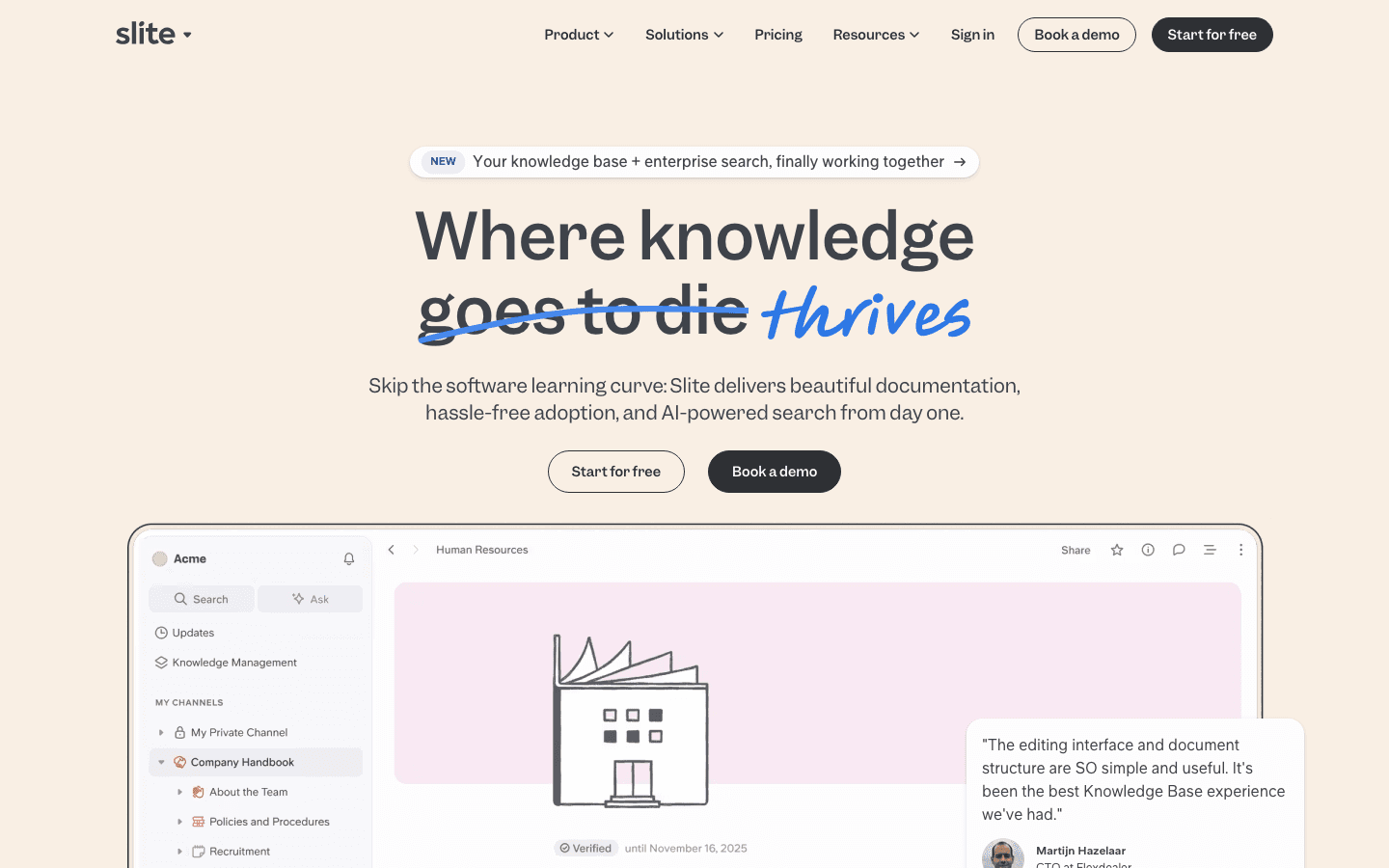 Slite homepage showing AI-powered company knowledge platform
