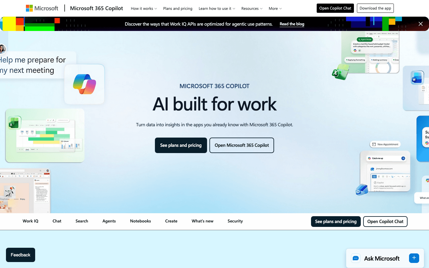 Microsoft 365 Copilot homepage showing AI assistant for productivity