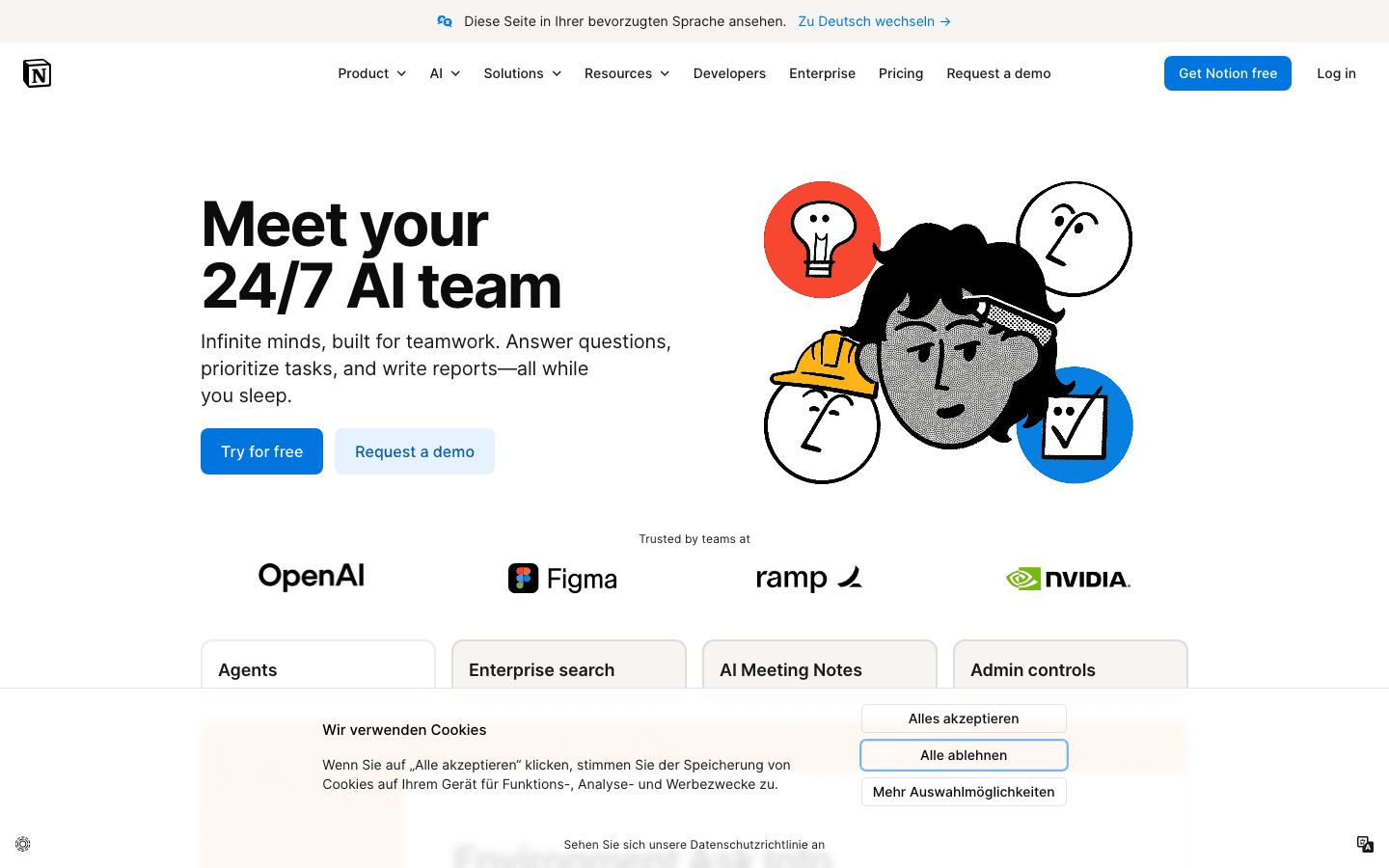Notion AI homepage showing AI agents and workspace integration
