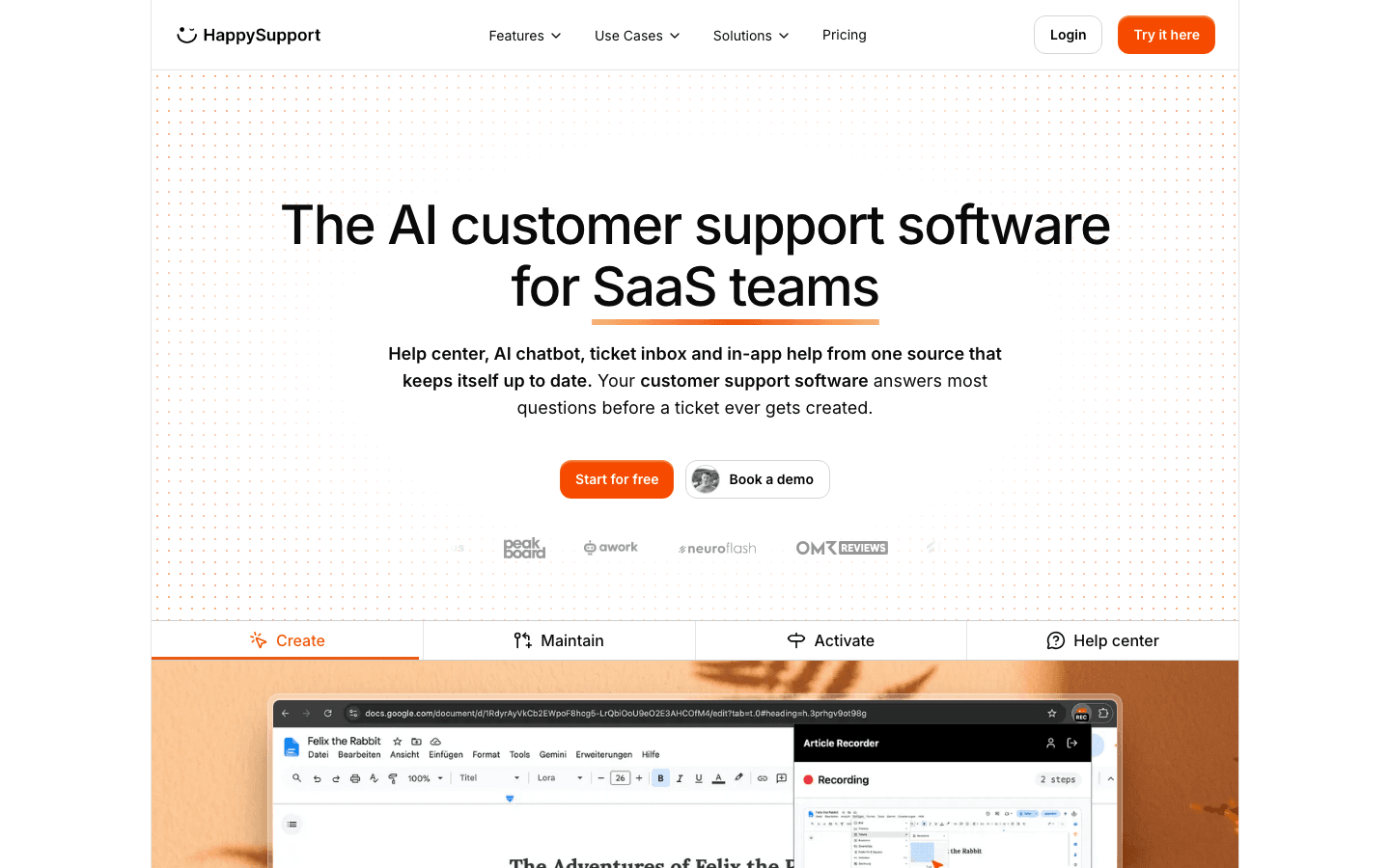 HappySupport homepage: AI customer support software for SaaS teams with a self-updating help center