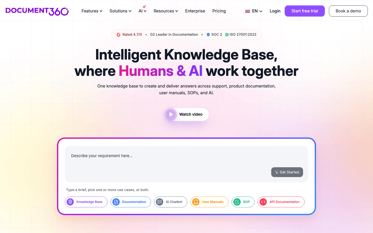 Document360 homepage showing knowledge base platform interface