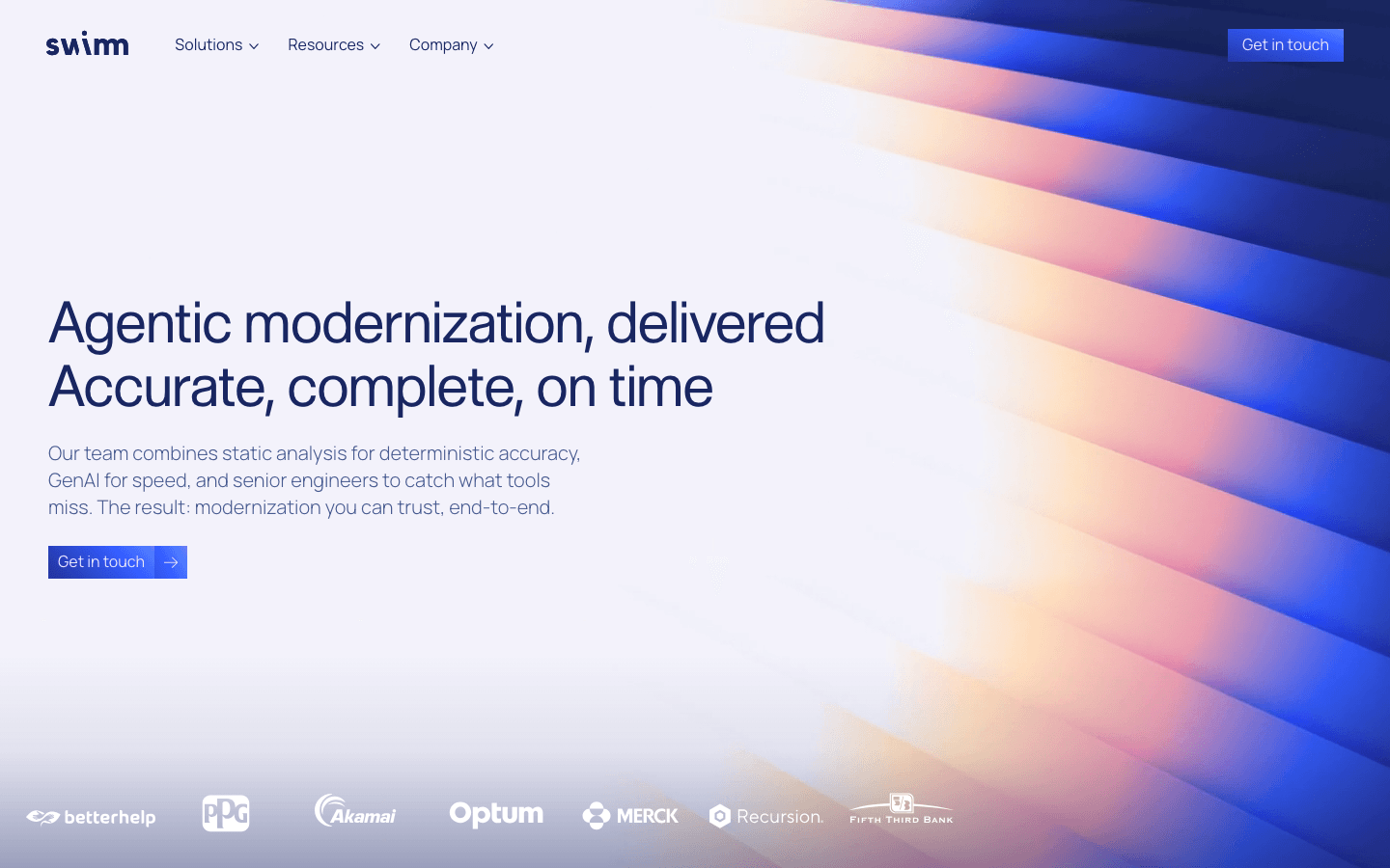 Swimm homepage showing code modernization and AI documentation