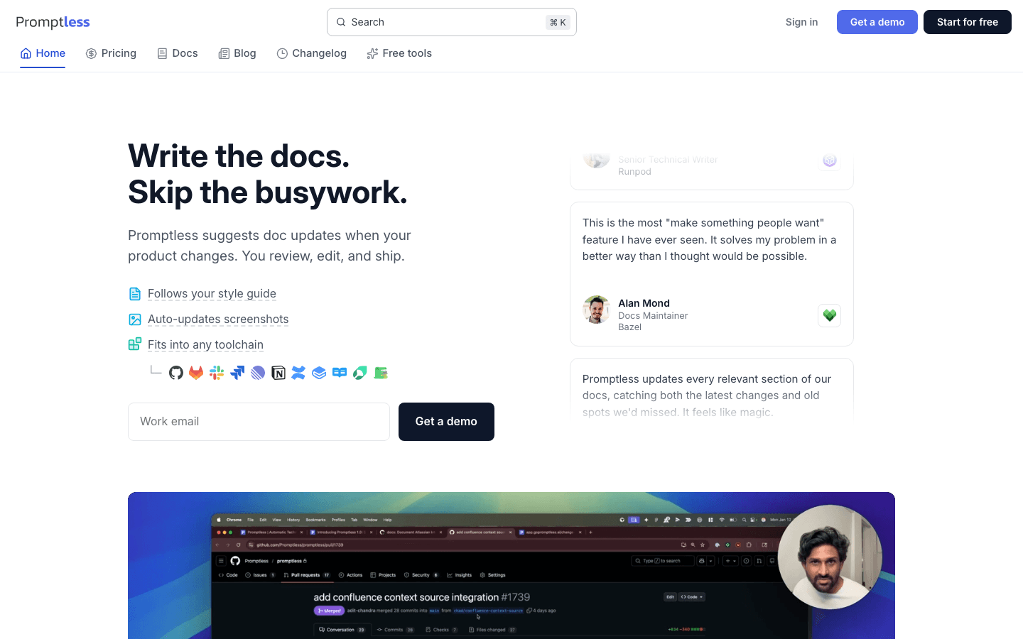 Promptless homepage showing AI teammate for customer-facing docs