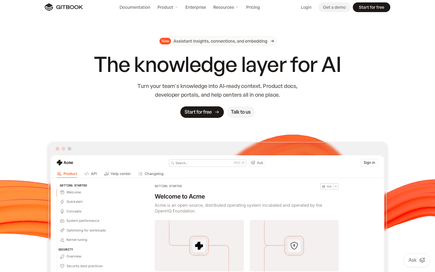 GitBook homepage showing knowledge platform with AI search and Git sync