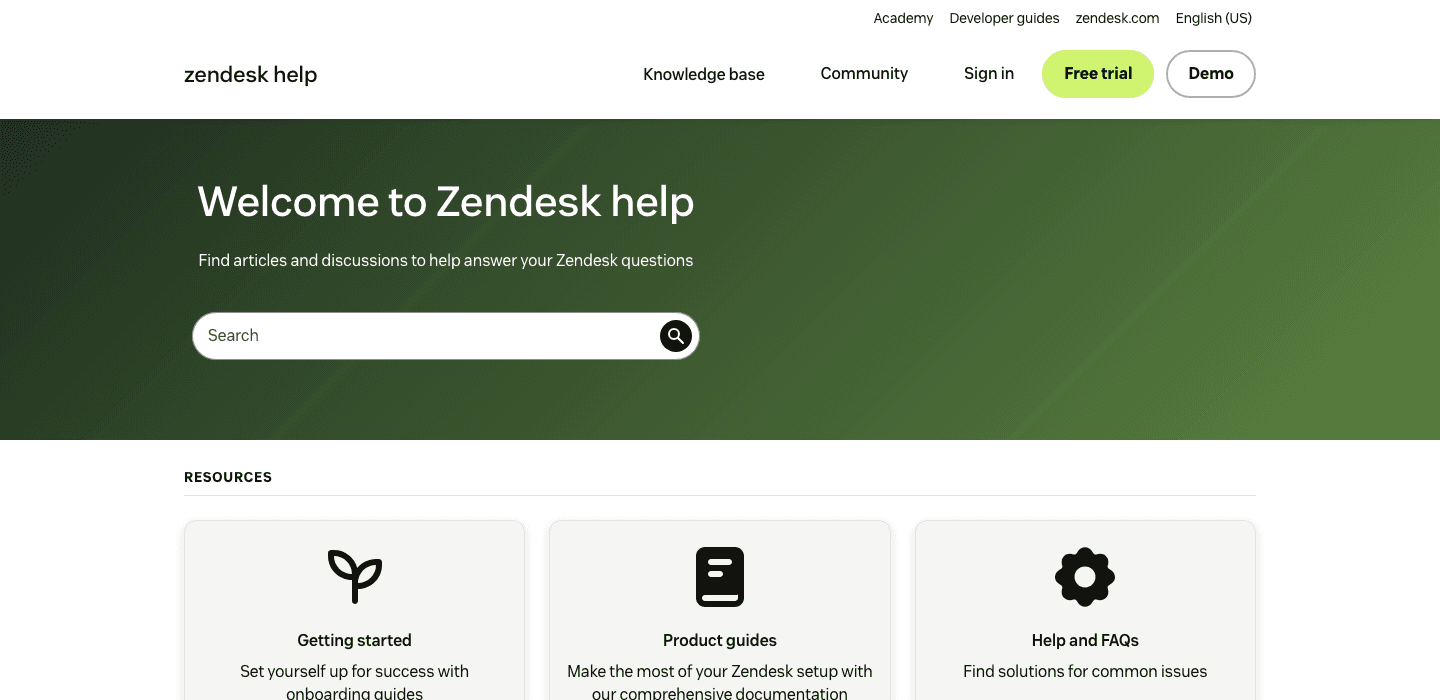 Zendesk Guide help center interface screenshot