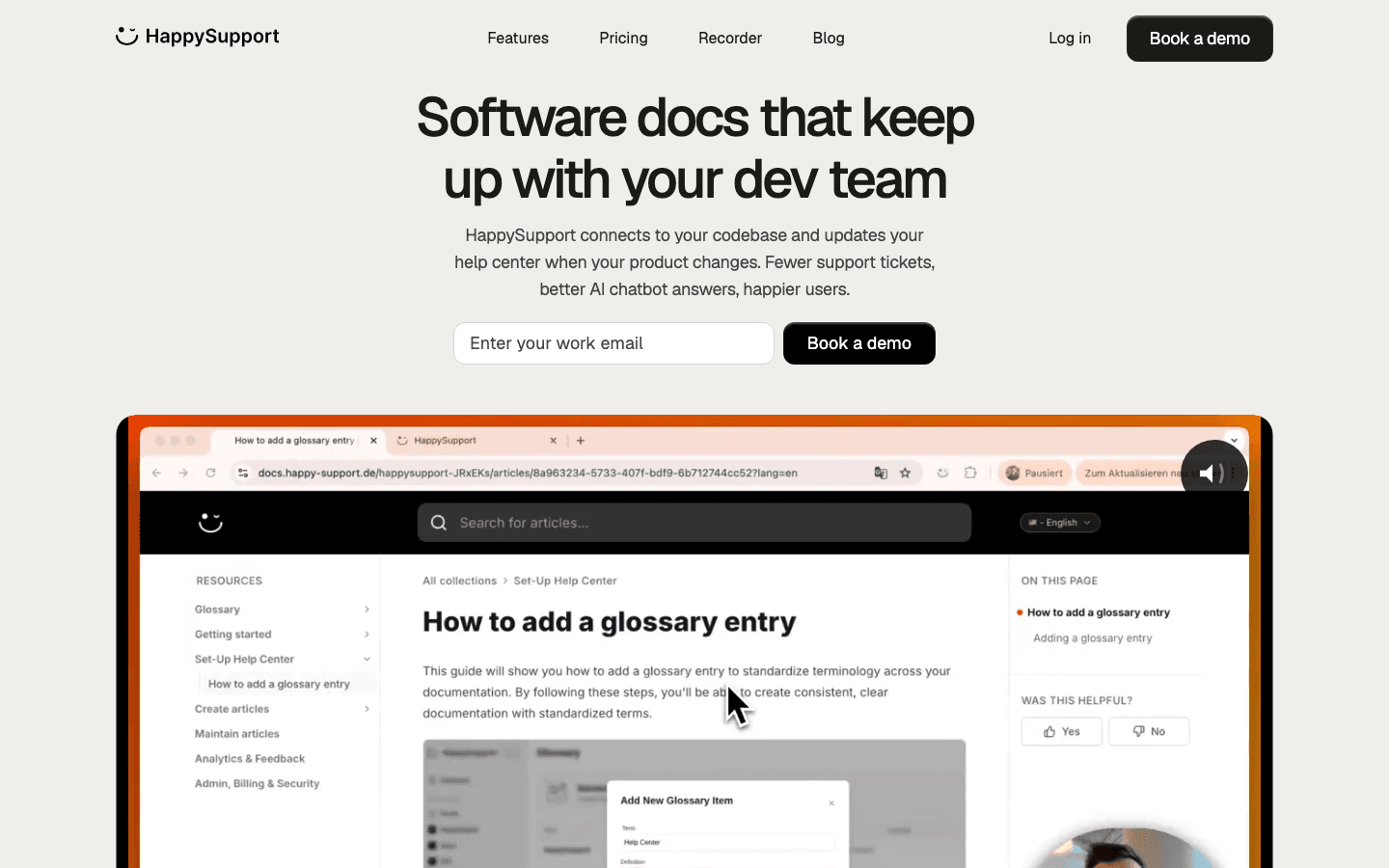 HappySupport homepage showing self-updating help center knowledge platform