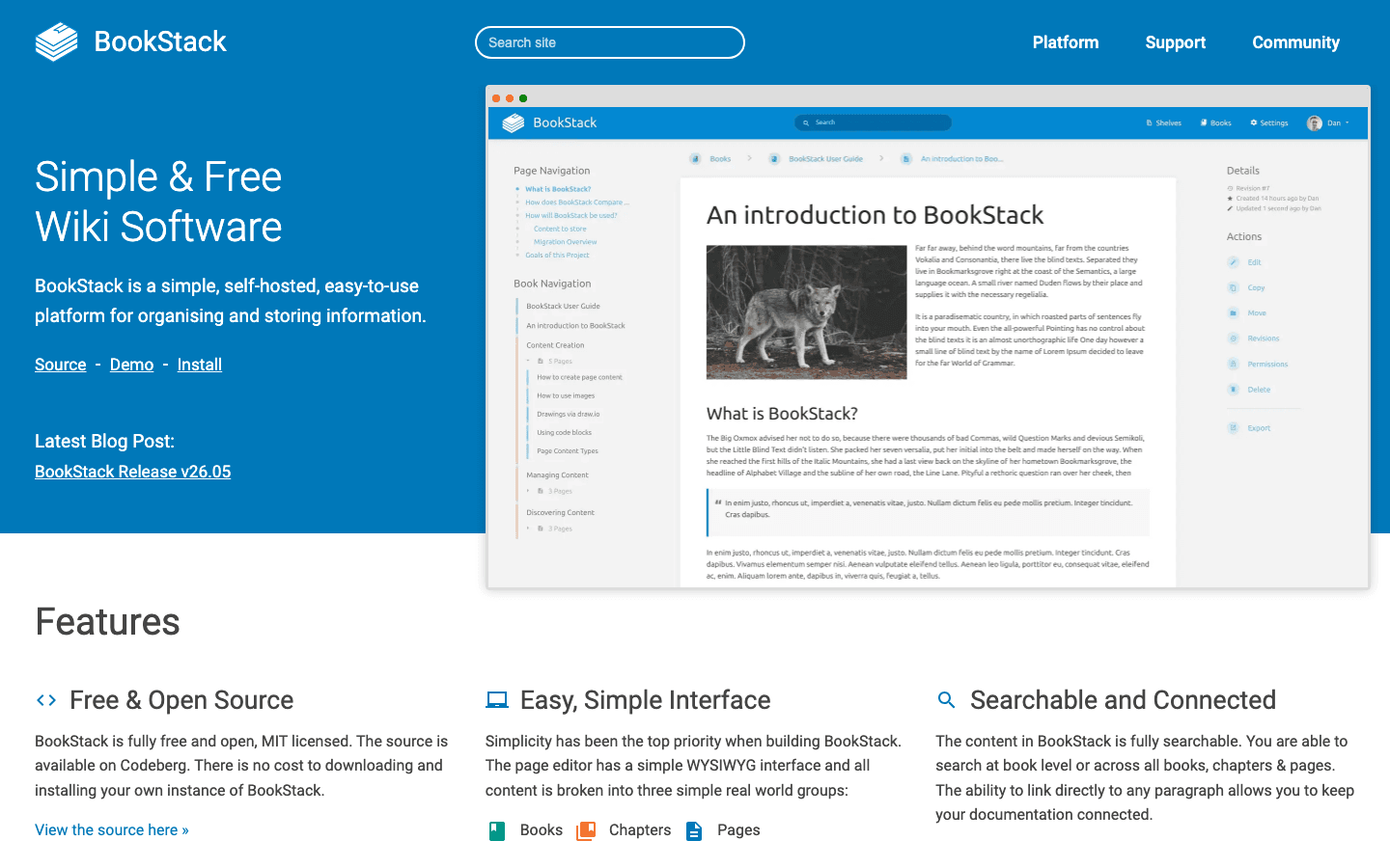 BookStack homepage showing self-hosted open-source knowledge base