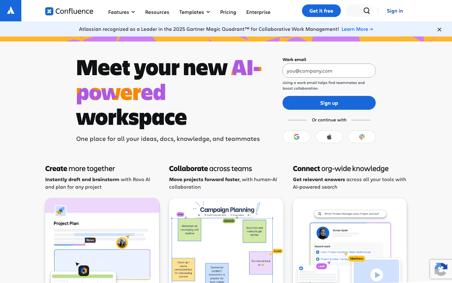 Confluence homepage showing Atlassian wiki and AI workspace with Rovo