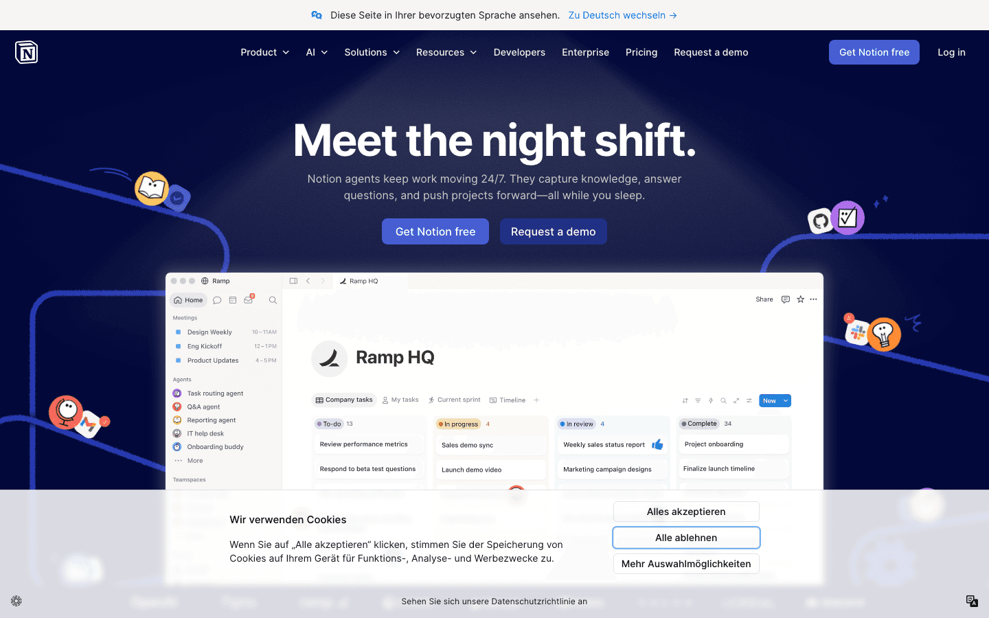 Notion homepage showing AI-powered workspace and relational databases