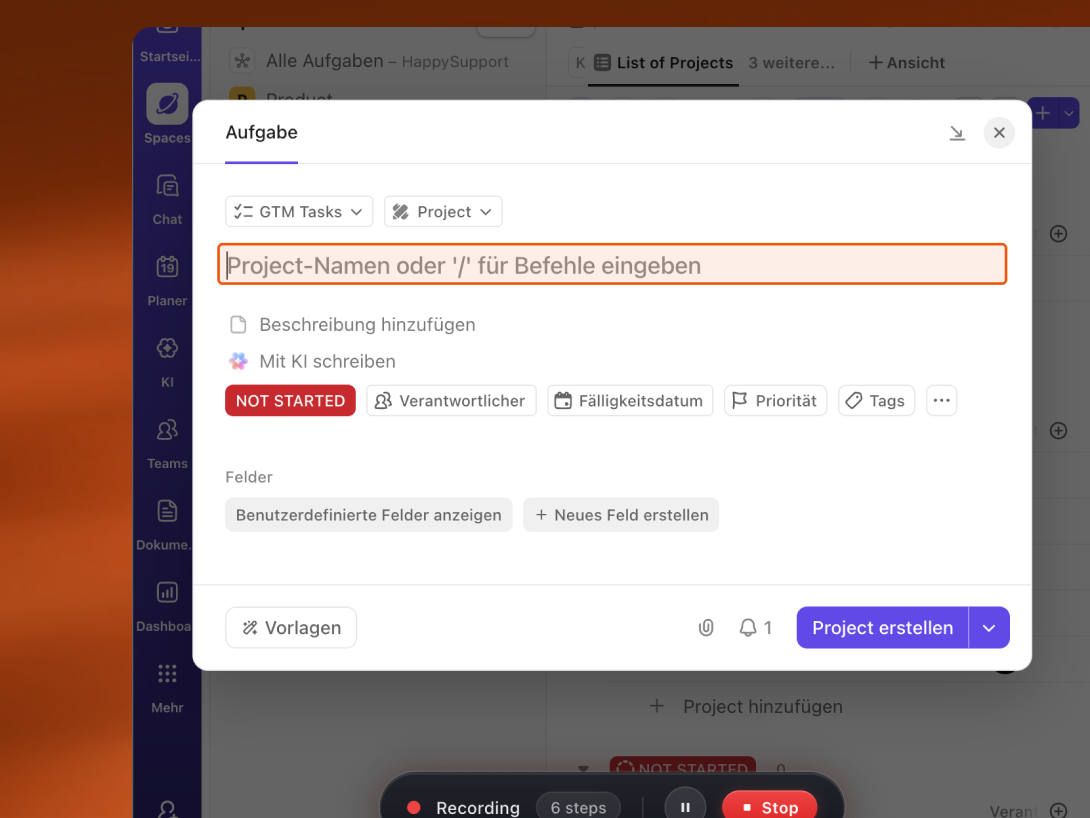 The HappySupport recorder capturing six steps in the background while a new task is created in a project management tool
